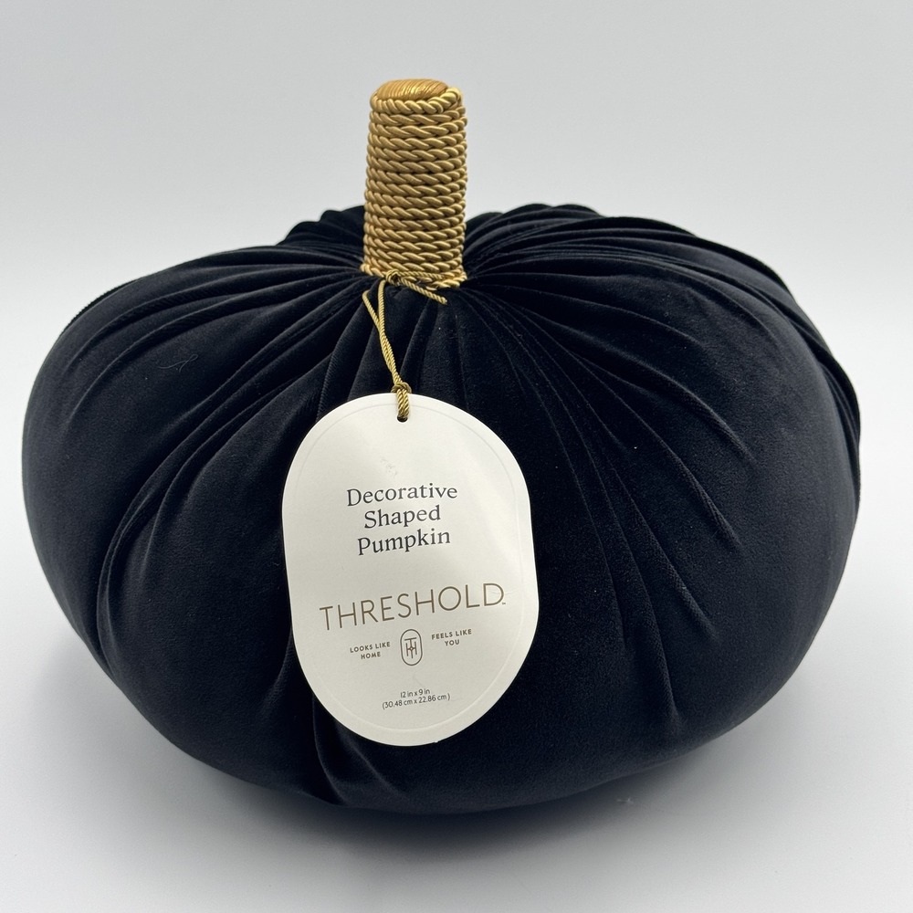 Threshold Black Velvet Decorative Pumpkin Gold Stem 12in NWT